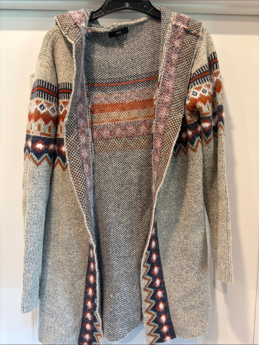 Fate. Cozy Hooded Cardigan Sweater - Light Gray with Rust & Navy Accents
